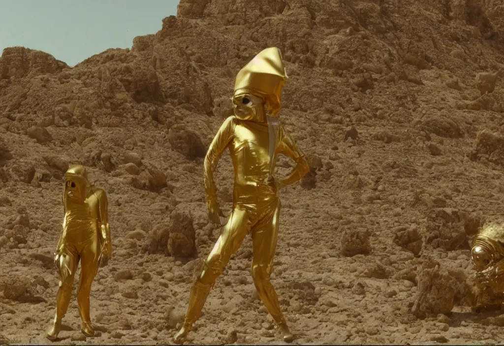 Prompt: mick jagger dressed in golden costume with jewels in a dry rocky desert landscape, with alien sand city designed by giger and giant alien spaceship in the sky attacks the earth by christopher doyle and alejandro jodorowsky, anamorphic lens, kodakchrome, cinematic composition, masterpiece, 8 k