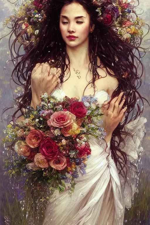 Image similar to portrait of a beautiful mysterious woman holding a large bouquet of flowing flowers, wet dripping long hair, hands hidden under the bouquet, emerging from the water, fantasy, regal, intricate, by stanley artgerm lau, greg rutkowski, thomas kindkade, alphonse mucha, loish, norman rockwell