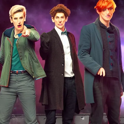 Image similar to doctor who characters in a boy band on stage