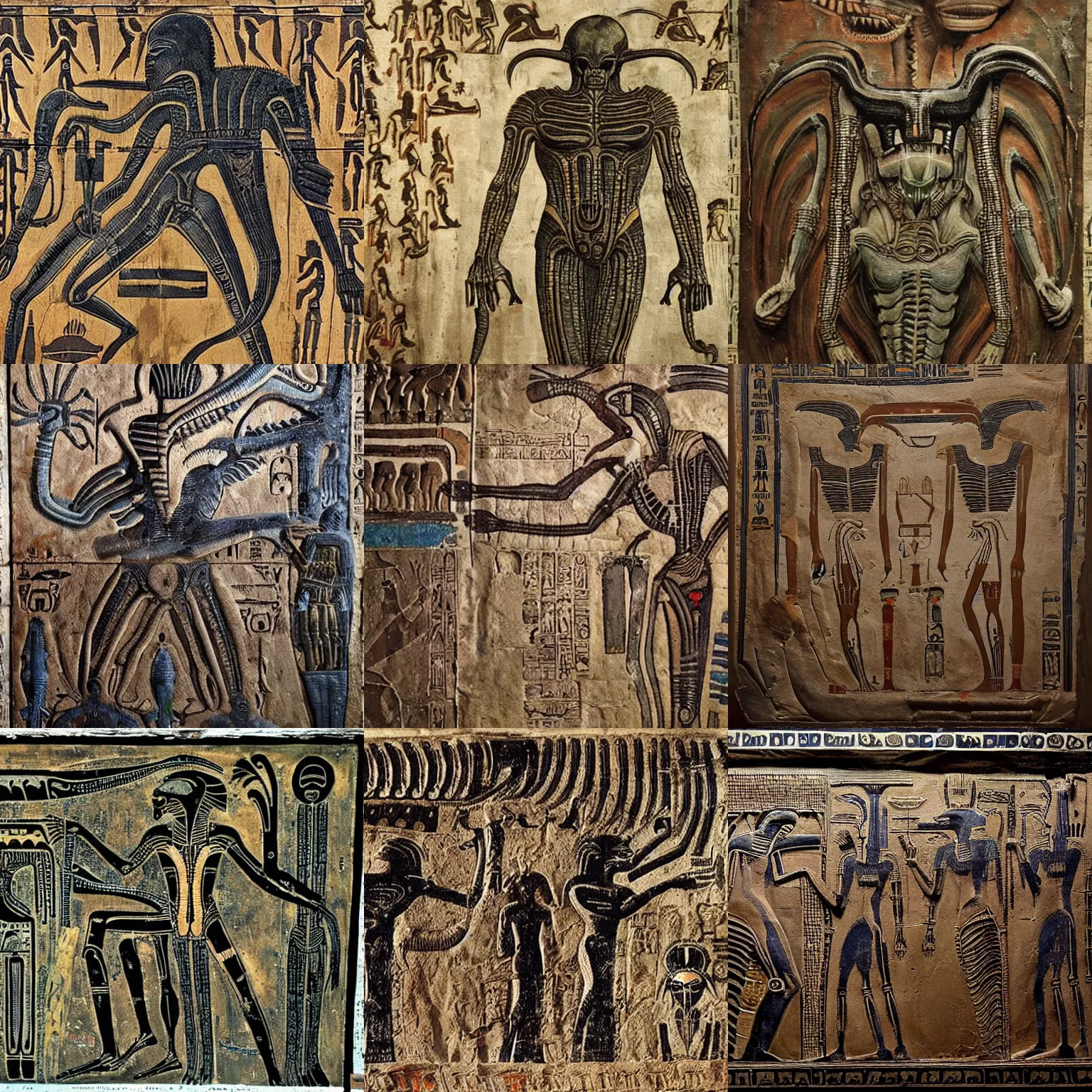 Image similar to [ xenomorph ] [ giger ] [ alien ] from movie aliens painted on highly intricate ancient egyptian mural art, with many hieroglyphs