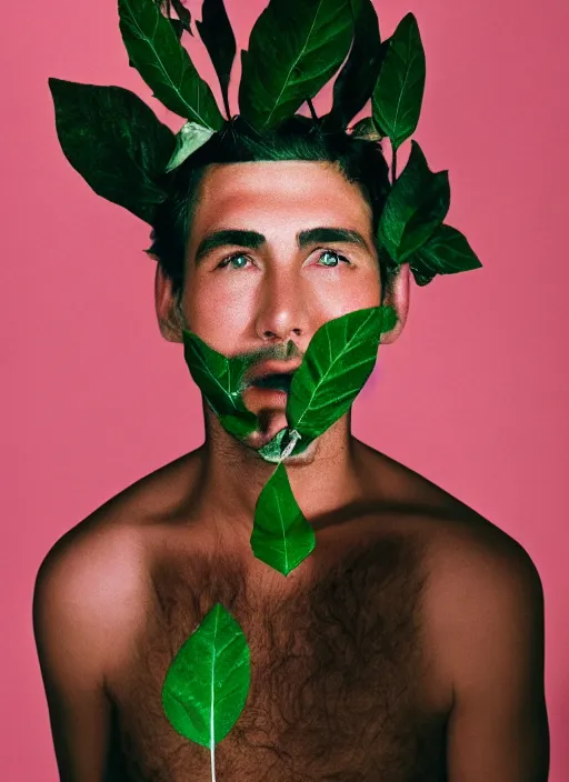 Image similar to a fashion portrait photograph of a man with a leaf on his face designed by stanley kubric, pastel colors, 3 5 mm, color film camera, studio lighting, pentax