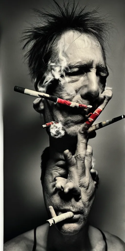 Image similar to award winning photo of john zorn smoking, vivid colors, scary, symmetrical face, beautiful eyes, studio lighting, wide shot art by Sally Mann & Arnold Newman