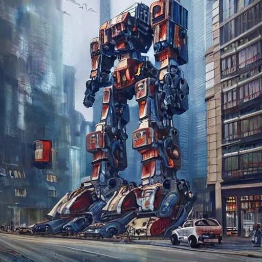 Prompt: A picture of giant robot building with mechanical parts, people loving inside, moving in a urban landscape, sci fi, detailed, hyper realistic
