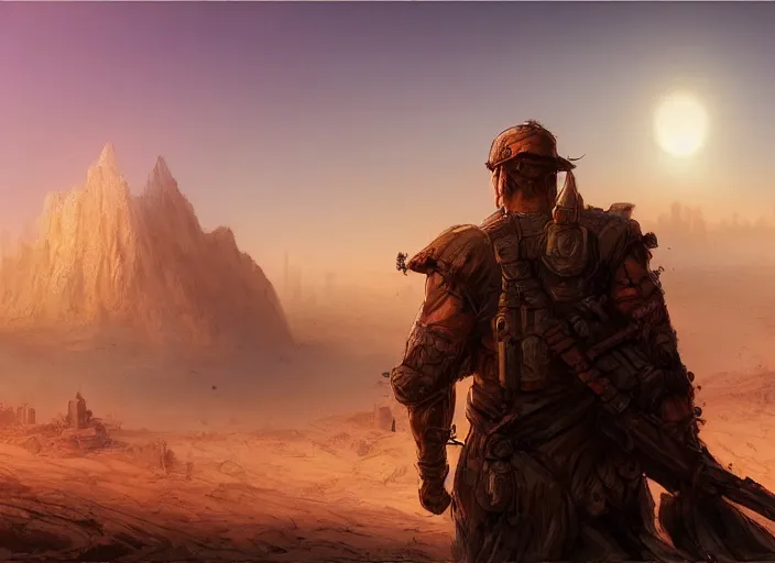 Image similar to detailed concept art background matte painting, strong muscular older soldier roaming through desert with city in the skyline, two suns, purple orange colors, sharp focus, illustration, highly detailed, digital painting, concept art, matte, art by wlop and artgerm and greg rutkowski, masterpiece