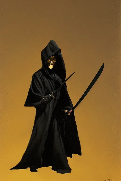 Image similar to a shady figure wearing a black robe and holding a sword vertically in front of its face, painting by brom