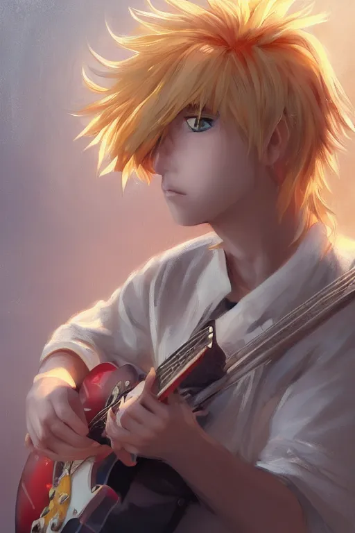 Image similar to blonde wild hair anime boy with eye - patch playing fender stratocaster, close - up portrait, plain white tshirt, powerfull, intricate, elegant, volumetric lighting, scenery, digital painting, highly detailed, artstation, sharp focus, illustration, concept art, ruan jia, steve mccurry