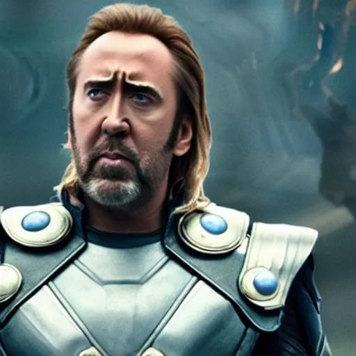 Image similar to film still of Nic Cage as Thor in Avengers Endgame