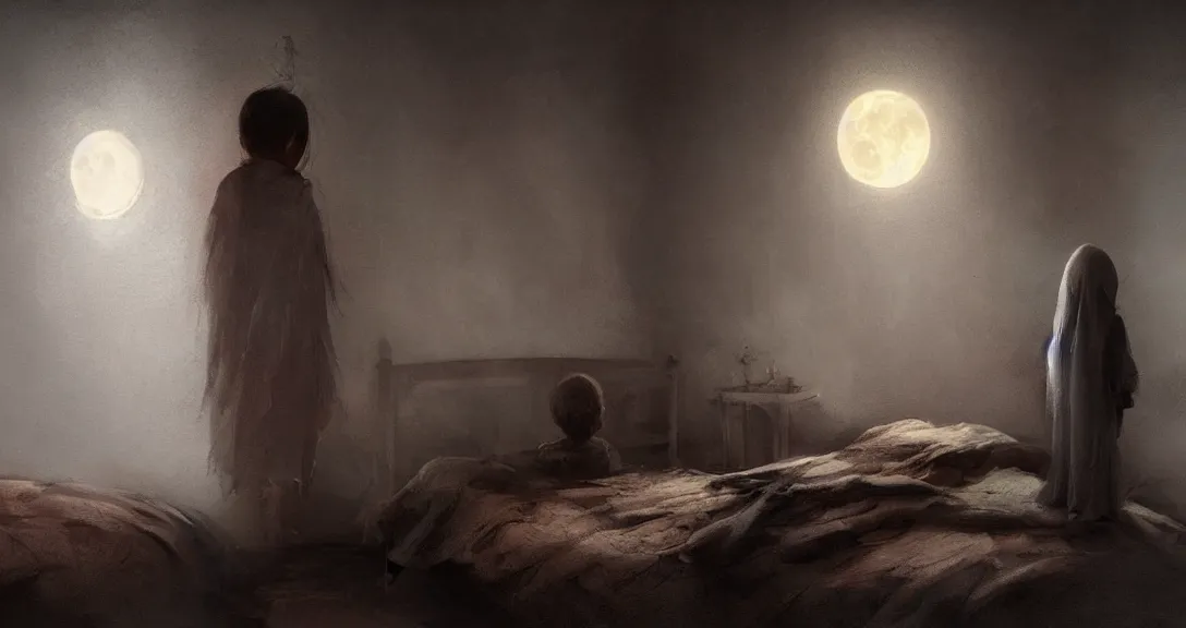 Image similar to scary ghost standing next to bed, night, moon, scared child, intricate, detailed, volumetric lighting, scenery, digital painting, highly detailed, artstation, sharp focus, illustration, concept art, ruan jia, steve mccurry