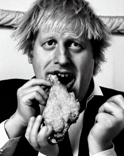 Image similar to film still close - up shot of boris johnson eating fried chicken from the movie monty python's the meaning of life. photographic, photography