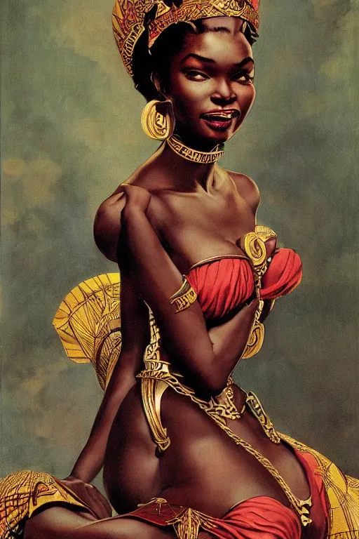 Prompt: an african goddess queen in 2 3 0 0 by gil elvgren and norman rockwell and rob gonsalves and hajime sorayama, hyperrealistic, high detail