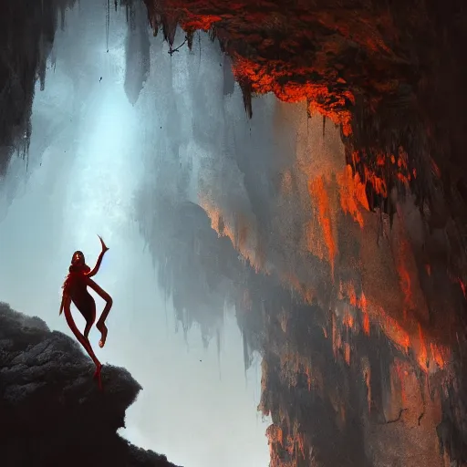 Image similar to of an anthopomorphic spider woman in a cave upside down, scary, beautiful landscape, dramatic lighting, cinematic, establishing shot, extremly high detail, photorealistic, cinematic lighting, post processed, concept art, artstation, matte painting, style by greg rutkowsky