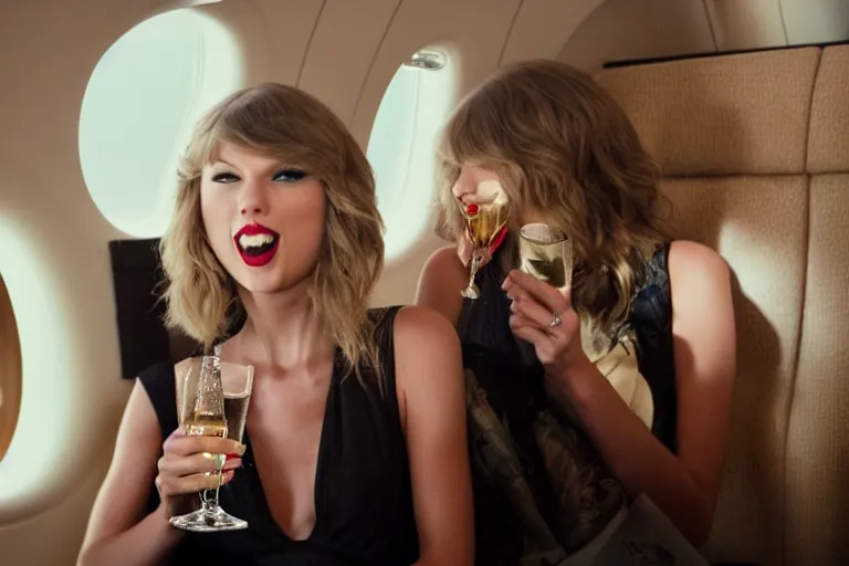 Image similar to Cinematography Taylor Swift Lauging and drinking champagne in her private jet by Emmanuel Lubezky