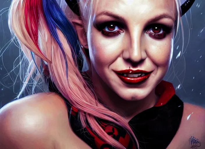 Image similar to highly detailed portrait of britney spears as harley quinn, in batman comics, stephen bliss, unreal engine, fantasy art by greg rutkowski, loish, rhads, ferdinand knab, makoto shinkai and lois van baarle, ilya kuvshinov, rossdraws, tom bagshaw, global illumination, radiant light, detailed and intricate environment