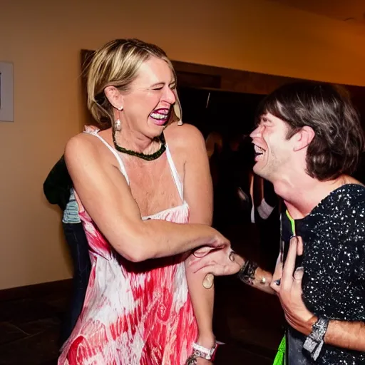 Image similar to jami heinaman laughing with adam saveage by a party candid shot