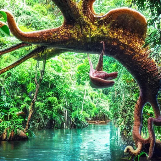 Prompt: a jungle, river with low hanging plants, flowers on the water, there is a giant octopus climbing up a tree, great photography, ambient light