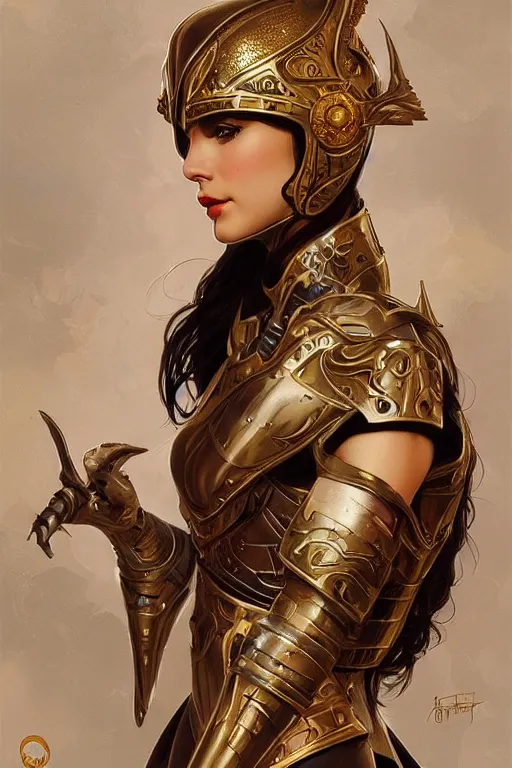 Image similar to attractive young girl, ornate metallic helmet, battle armor, olive skin, long dark hair, beautiful bone structure, elegant, highly detailed, digital painting, trending on Artstation, concept art, smooth, sharp focus, illustration, art by Gerald Brom and James Gurney and alphonse mucha