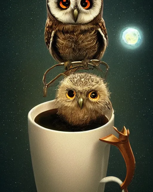 Image similar to long shot of a very cute owl chick nesting in a futuristic mug, esao andrews, humorous illustration, hyperrealistic, big depth of field, warm colors, whimsical cosmic night scenery, low light, 3 d octane render, 4 k, concept art, hyperdetailed, hyperrealistic, trending on artstation