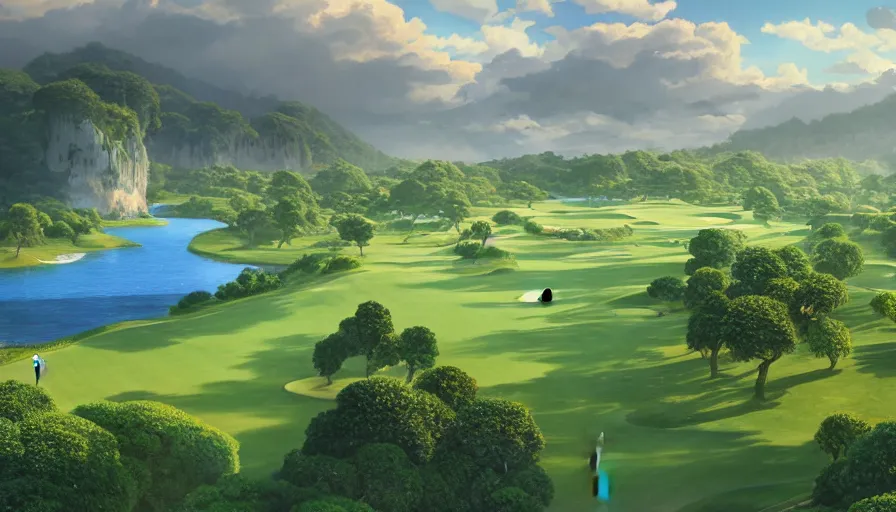 Image similar to A highly detailed matte painting of biggest golf course in the world, by Studio Ghibli, Makoto Shinkai, by Artgerm, by beeple, volumetric lighting, octane render, 4K resolution, trending on artstation, masterpiece