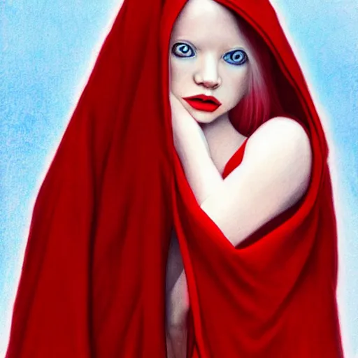 Image similar to beautiful albino princess wearing a red hooded cloak by gerald brom, photo realistic, 4 k