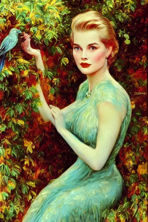 Image similar to A young and extremely beautiful Grace Kelly explaining the birds and the bees in the style of a modern Gaston Bussière, art nouveau, art deco, surrealism. Extremely lush detail. Perfect composition and lighting. Profoundly surreal. Sultry look on her face.