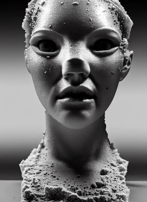 Image similar to a young female cyborg bust made of ice and concrete, dramatic, ilford hp 5, closeup - view, f / 2. 8, high contrast, 1 6 k, fluorescent lamp, contre - jour, insanely detailed and intricate, hypermaximalist, elegant, ornate, hyper realistic, super detailed