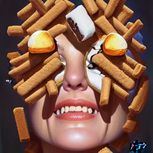 Image similar to drew barrymore face inside! a smore, chocolate, marshmallow graham cracker, digital painting by arcimboldo, rhads