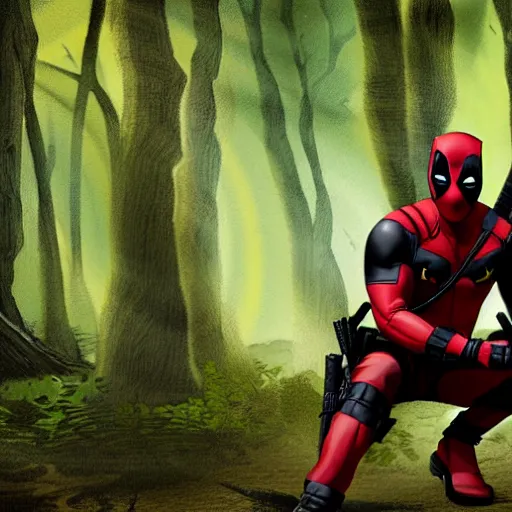 Prompt: deadpool and batman in the woods digital art 4 k detailed super realistic