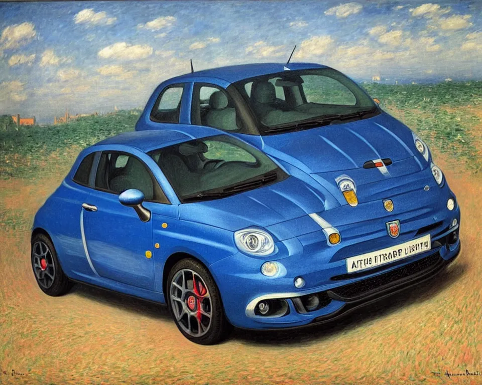 Image similar to achingly beautiful painting of a 2 0 1 3 fiatabarth by rene magritte, monet, and turner.