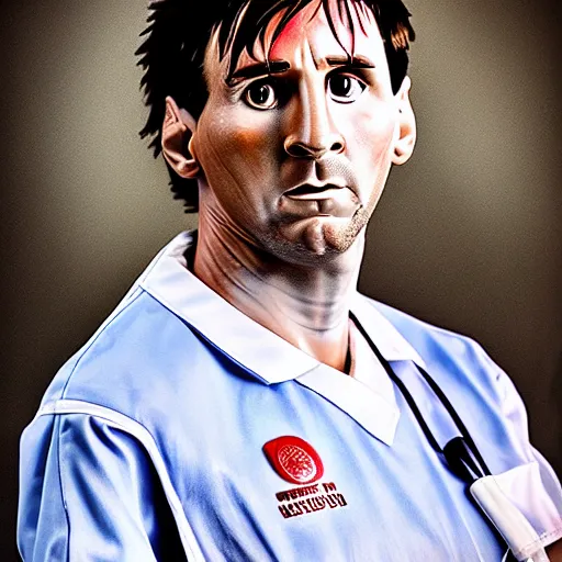 Image similar to lionel messi as nurse, accurate, 30mm, face, soft colours, dramatic lighting, nikon