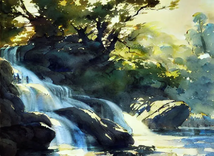 Prompt: watercolor painting of wild waterfall, oak trees, rocky shore, sunshine, rustic stone cabin in horizon, very very very beautiful, art by anders zorn, wonderful masterpiece by greg rutkowski, cinematic light, american romanticism by greg manchess, creation by tyler edlin