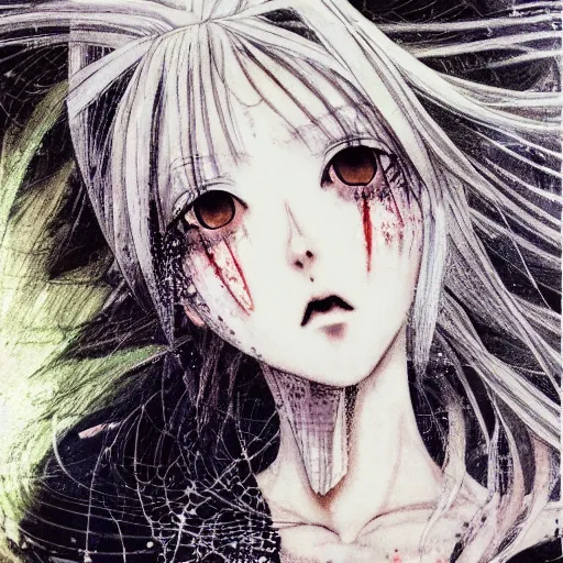 Image similar to Yoshitaka Amano dreamy and blurry illustration of an anime girl with white hair and cracks on her face wearing dress suit with tie fluttering in the wind, abstract black and white patterns on the background, head turned to the side, noisy film grain effect, highly detailed, Renaissance oil painting, weird portrait angle