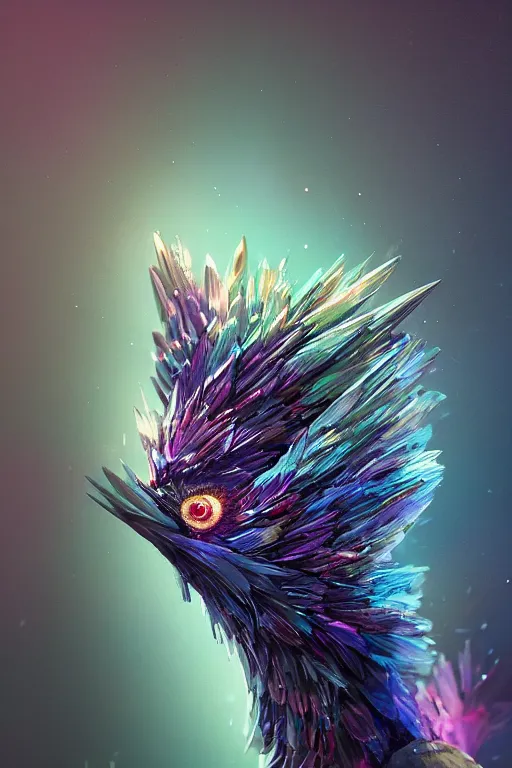 Prompt: A fancy portrait of a crystalized bird by Greg Rutkowski, beeple, Sung Choi, Mitchell Mohrhauser, Maciej Kuciara, Johnson Ting, Maxim Verehin, Peter Konig, final fantasy, macro lens , 8k photorealistic, cinematic lighting, HD, high details, dramatic, dark atmosphere, trending on artstation