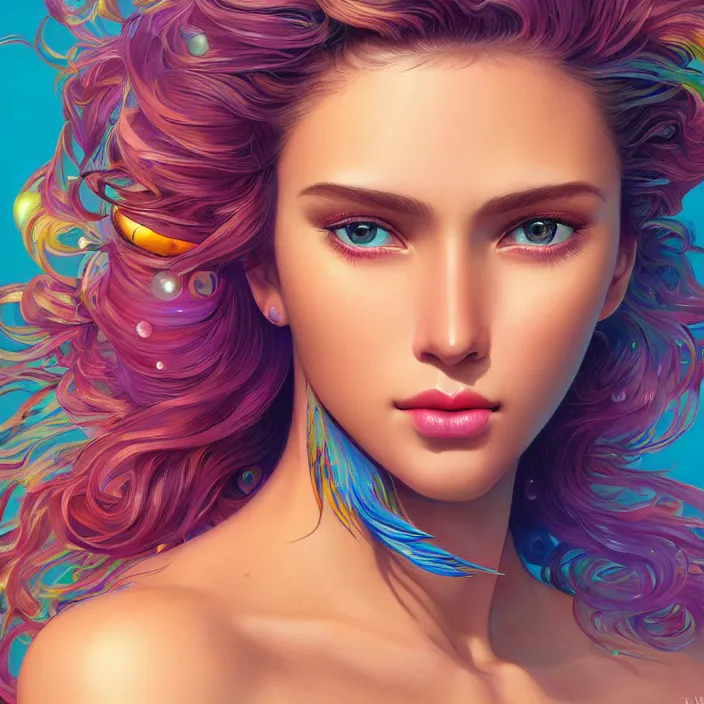 Image similar to beautiful, young woman, detailed gorgeous face, vaporwave aesthetic, synthwave, colorful, psychedelic, water droplets, feathers, crown, artstation, concept art, smooth, extremely sharp detail, finely tuned detail, ultra high definition, 8 k, unreal engine 5, ultra sharp focus, illustration, art by artgerm and greg rutkowski and alphonse mucha