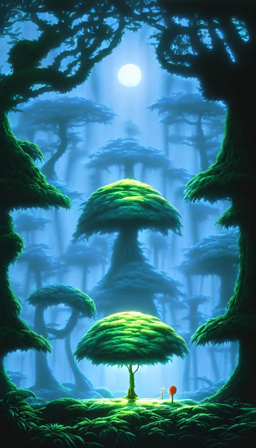 Prompt: a tree in a forest of ori in the blind forest, studio ghibli, painted by tim white, michael whelan, j. c. 8 k