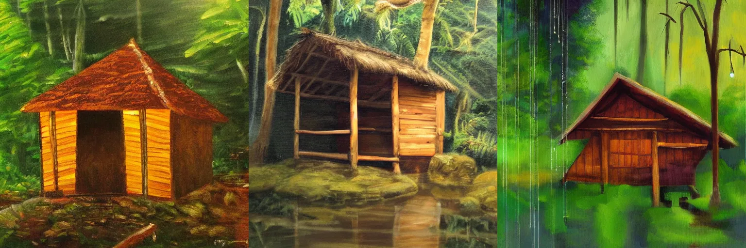 Prompt: a small wooden hut in the middle of the rain forest, painting,