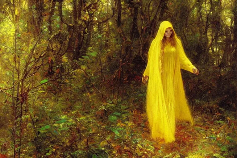 Image similar to illustration of a woman in a yellow hooded sweatshirt walking through a tangled forest in the astral plane. art by gaston bussiere.