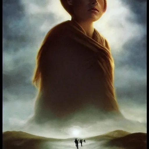 Image similar to ultra realistic portrait painting of the movie arrival, art by frank frazetta, vintage levi ’ s ad, stormy weather, dark vibes, 4 k, ultra realistic, highly detailed, epic lighting