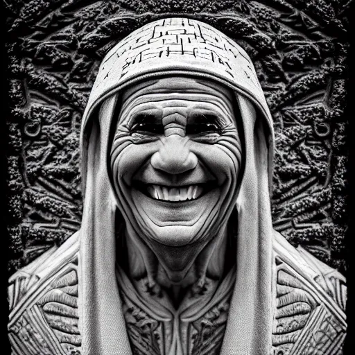 Image similar to Photography of 1000 years old smiling man with highly detailed 1000 years old face in style of Josan Gonzalez