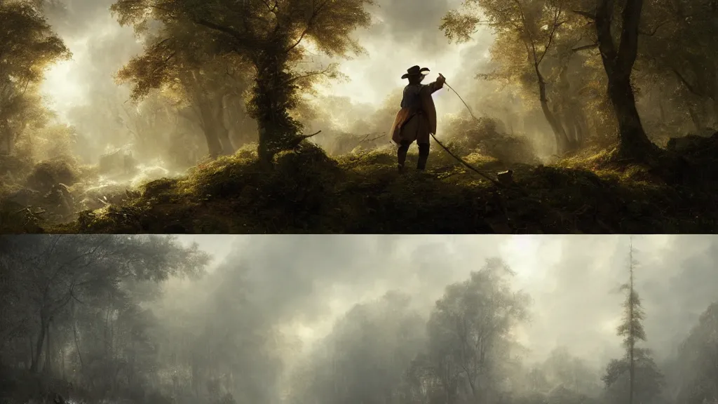 Image similar to [ searching for tom bombadil ] andreas achenbach, artgerm, mikko lagerstedt, zack snyder, tokujin yoshioka