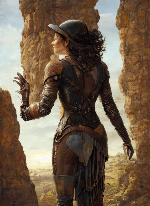 Prompt: oil painting of a highly detailed steampunk gal gadot with her hands behind the back while standing on a rock : leonardo da vinci, greg rutkowski, magali villeneuve
