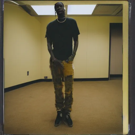 Image similar to A polaroid photograph of Travis Scott standing in an empty endless office space, yellow patterned wallpaper on the walls, moist dirty carpet, unnatural fluorescent warm lights lighting the scene