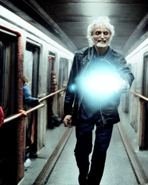 Prompt: movie villain, actor david patrick kelly, 2 5 years old, practicing with his glowing nunchucks while riding a post apocalyptic subway train filled with mutants, movie dreamscape
