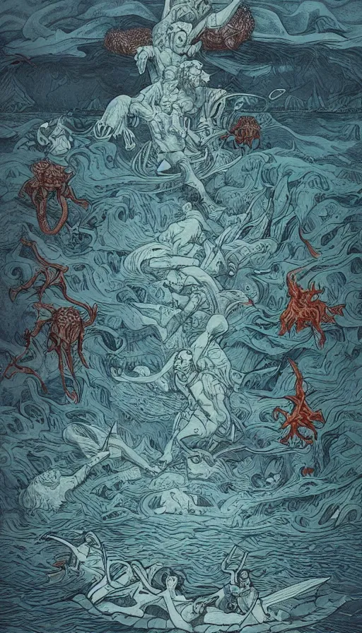 Image similar to man on boat crossing a body of water in hell with creatures in the water, sea of souls, by james jean