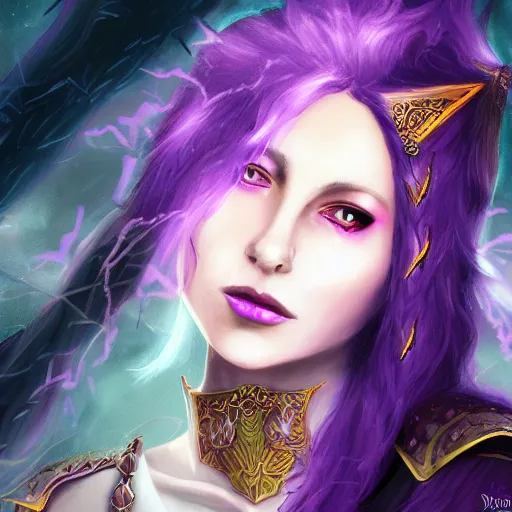 Image similar to high quality fantasy painting of a half-elf sorceress, she has purple hair, 35 years old, magical chaotic lights dance around her, dark and ominous background