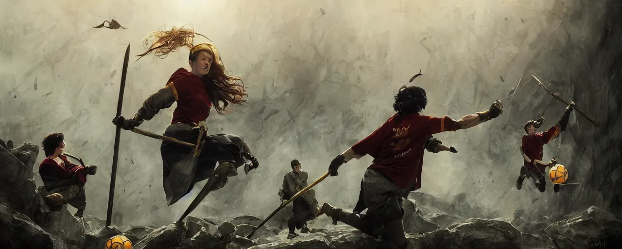 Image similar to most epic dramatic quidditch game. epic cinematic hyperrealism masterpiece. realistic poster with shaded lighting by craig mallismo, artgerm, jeremy lipkin and michael garmash, unreal engine, radiant light, detailed and complex environment, digital art, art station trends