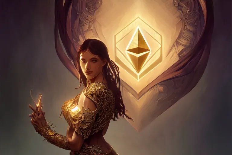 Image similar to ethereum symbol, western, d & d, fantasy, intricate, elegant, highly detailed, digital painting, artstation, concept art, matte, sharp focus, illustration, art by artgerm and greg rutkowski and alphonse mucha