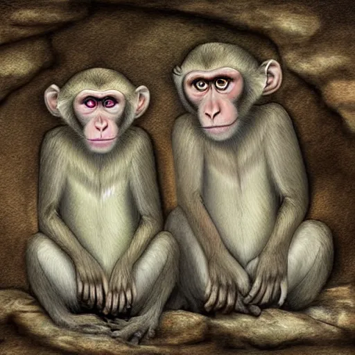 Image similar to two macaques looking at each other inside ancient cave, digital art, soft shadows, creepy art