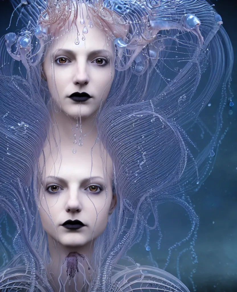 Image similar to close-up portrait of the face of a beautiful gloomy gothic princess, epic angle and pose, symmetrical artwork, 3d with depth of field, blurred background, cybernetic jellyfish female face skull phoenix bird, translucent, nautilus, energy flows of water and fire. a highly detailed epic cinematic concept art CG render. made in Maya, Blender and Photoshop, octane render, excellent composition, cinematic dystopian brutalist atmosphere, dynamic dramatic cinematic lighting, aesthetic, very inspirational, arthouse. y Greg Rutkowski, Ilya Kuvshinov, WLOP, Stanley Artgerm Lau, Ruan Jia and Fenghua Zhong