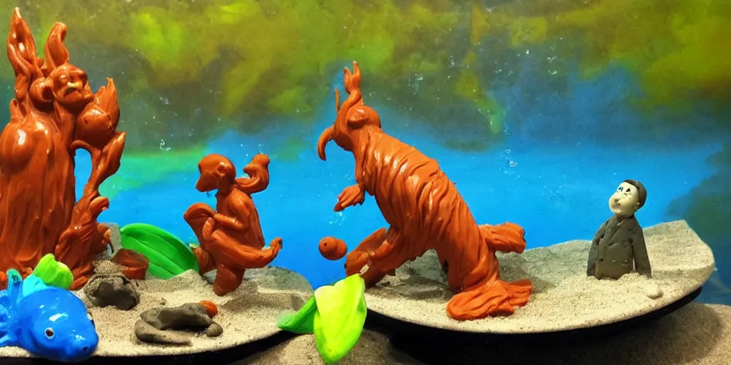 Prompt: plasticine model in water. siamese fighting fish. clay figure. salvador dali. tropical fish tank with sand. astrix and obelisk. tintin. hands. wallace and gromit. figures clay. aquatic photography.