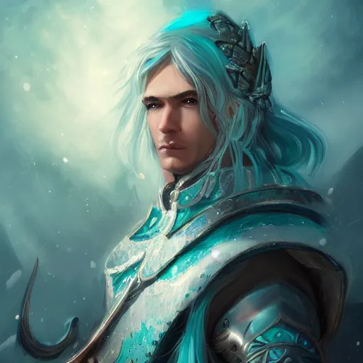 Prompt: half length portrait of a handsome male snow elf in a turquoise cape and silver ornate armour as an archer, albino skin, winter vibes, perfect face, elegant, very coherent symmetrical artwork, atmospheric lighting, rule of thirds, by wenjun lin, krenz cushart, charlie bowater, trending on artstation
